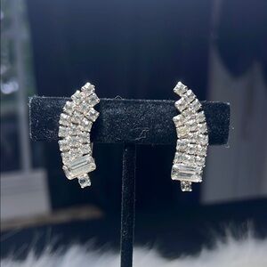 Vintage Rhinestone Silver Crystal Clip On Earrings
